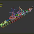 3D Warship Model with Gray Upper Hull Red Bottom Turrets Chimneys and Deck Details