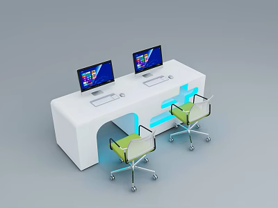 Modern White Office Desk Setup With Two Computer Monitors And Green Rolling Chairs 3d model