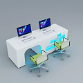 Modern White Office Desk Setup With Two Computer Monitors And Green Rolling Chairs