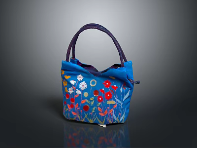 Floral Embroidered Blue Handbag with Purple Handles and Colorful Flower Design 3d model