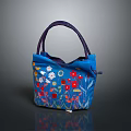 Floral Embroidered Blue Handbag with Purple Handles and Colorful Flower Design