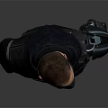 Human Character In Black Hooded Jacket With Black Mask And Mechanical Arm With Blue Details