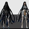 Woman with long black hair in white and blue outfit adorned with flowing blue ribbons 3d model