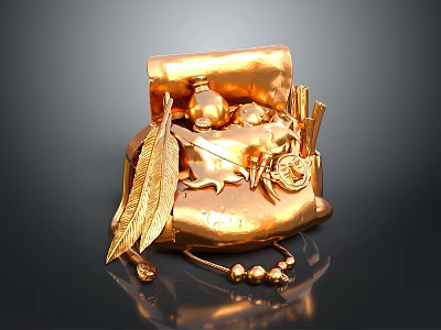 Golden Daily Necessities Collection With Feather Small Bottle Beads And Scroll 3d model