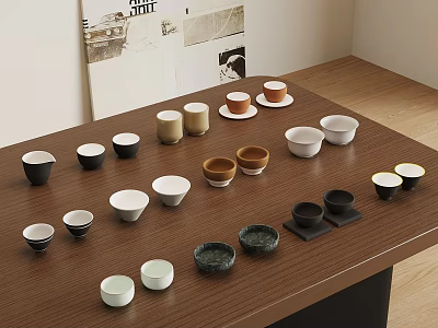 Various Colored Cups And Saucers Arranged On Wooden Table For Home 3d model