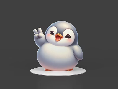 Cute 3D Rendered Penguin Waving With Happy Expression On White Circular Base And Gray Background 3d model