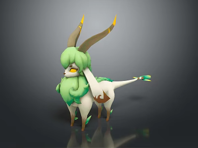Fantasy Creature Character With Green Fur White Body Yellow Horns And Decorative Tail 3d model