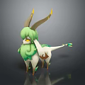Fantasy Creature Character With Green Fur White Body Yellow Horns And Decorative Tail