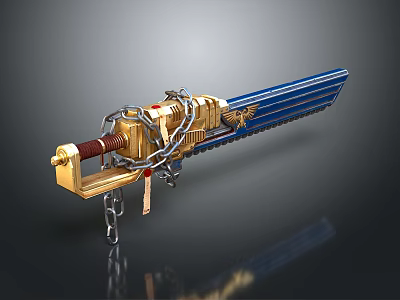 Golden Mechanical Sword With Blue Blade Chain And Ornate Emblem Design 3d model