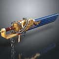 Golden Mechanical Sword With Blue Blade Chain And Ornate Emblem Design
