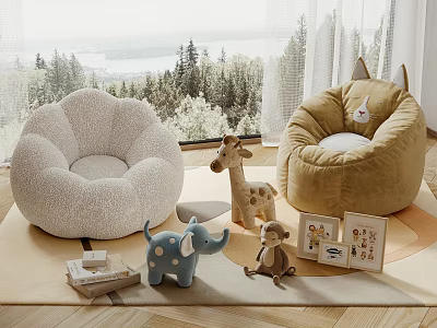 Flower Shaped And Cat Ear Design Bean Bags With Plush Toys Photo Frames And Books In Bright Room 3d model