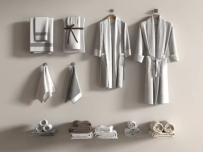Soft and Cozy Towel Collection With Hanging Bathrobes and Folded Towel Stacks On Wall 3d model