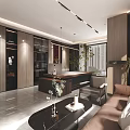 Modern Living Dining Area Interior with Sofa Coffee Table Floor to Ceiling Windows City View and Plants