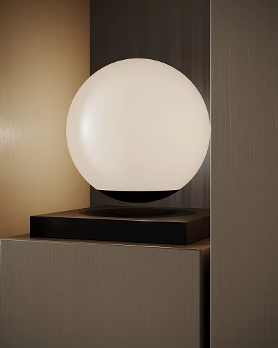 Modern Minimalist Table Lamp With White Globe Shade And Black Base On Wooden Surface 3d model