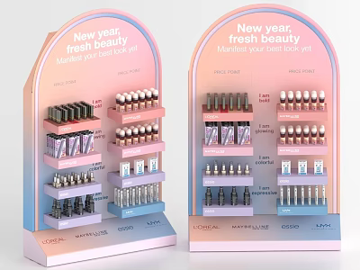 New Year Themed Display Shelves With Fresh Beauty Cosmetics And Gradient Color Design 3d model