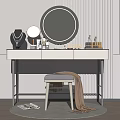 Modern Dressing Table With Round Mirror Stool And Decorative Items On Striped Wall 3d model
