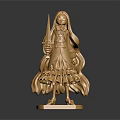 Elegant Detailed Golden Character Statue Holding Weapon Standing On Reflective Platform