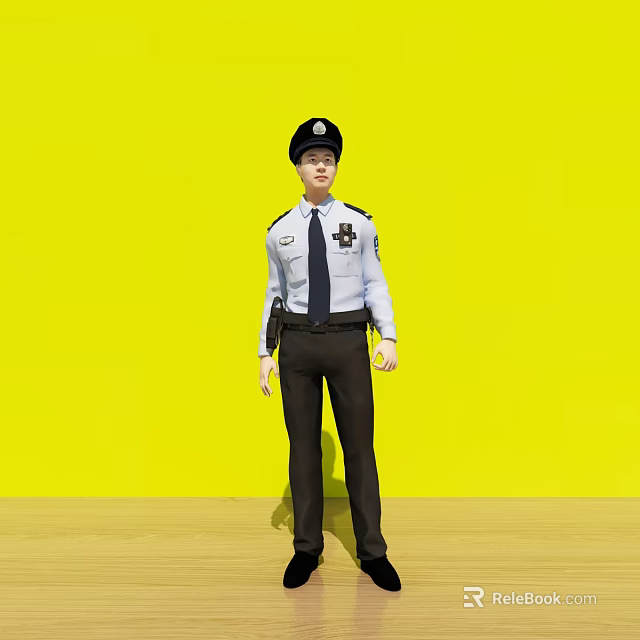 A Man In Police Uniform Standing Against Yellow Background Full Body View 3d model 
