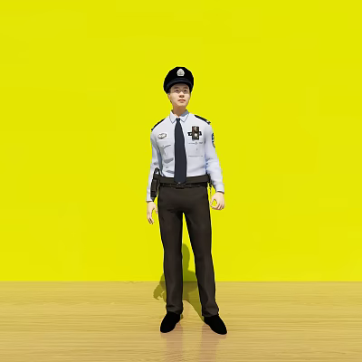A Man In Police Uniform Standing Against Yellow Background Full Body View 3d model
