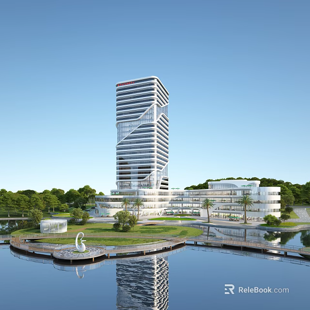 Modern Commercial Complex With Tall Building Low-Rise Buildings Greenery Waterfront And Landscape Design 3d model 