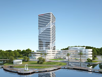 Modern Commercial Complex With Tall Building Low-Rise Buildings Greenery Waterfront And Landscape Design 3d model