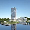 Modern Commercial Complex With Tall Building Low-Rise Buildings Greenery Waterfront And Landscape Design