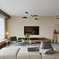 Modern Living Room Design Featuring Beige Sofa Gray Accent Chair Coffee Table Area Rug Window Blinds And TV Stand