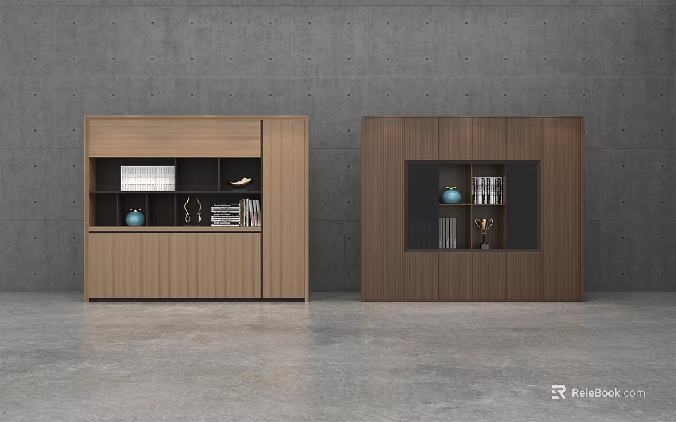 Modern Minimalist Light And Dark Wood Bookcases With Open Shelves Books And Decorative Vase 3d model 