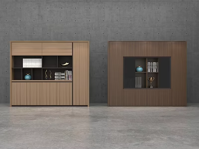 Modern Minimalist Light And Dark Wood Bookcases With Open Shelves Books And Decorative Vase 3d model