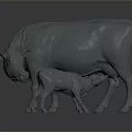 3D Model of Adult Cow With Nursing Calf in Gray Sculptural Design