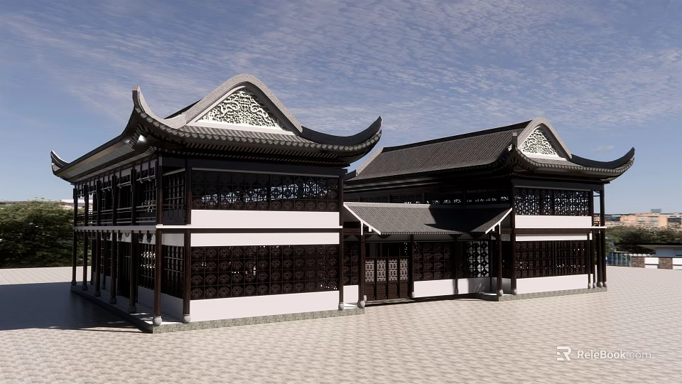 Traditional Chinese Ancient Architecture Featuring Two Buildings With Overhanging Eaves And Carved Windows 3d model 