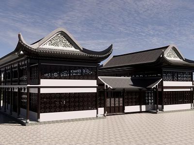 Traditional Chinese Ancient Architecture Featuring Two Buildings With Overhanging Eaves And Carved Windows 3d model