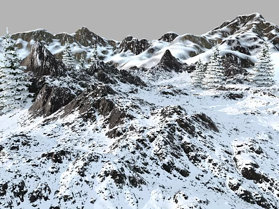 Breathtaking Snowy Mountain Range Covered In Fresh Snow With Rocky Peaks And Pine Trees 3d model