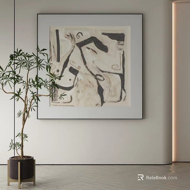 Framed Abstract Painting on Modern Minimalist Wall with Green Plant Decoration 3d model 
