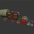 Vintage Covered Wagon With Metal Wheel Parts Displayed On Gray Surface