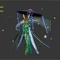 Mythical Woman In Blue And White Outfit Holding Red Umbrella With Flowing Decorations