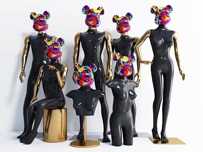 Black Mannequins With Colorful Bear Ear Head Designs In Various Poses 3d model