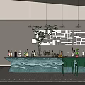 Modern Bar Interior With Green Chairs Various Bottles And Decorative Wall Panel