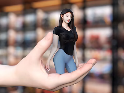 Female Doll In Black Top And Blue Pants Held In Hand For Display Setting 3d model