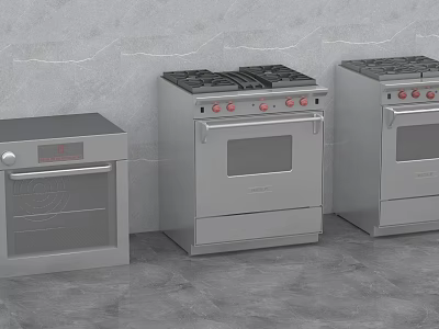Three Silver Kitchen Appliances Including Glass Door Oven And Gas Ranges 3d model