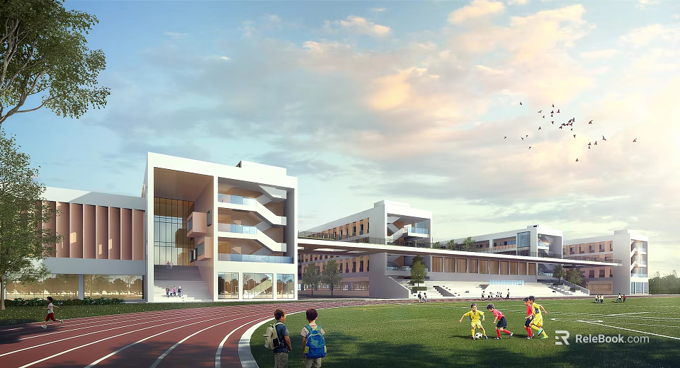 Modern School Building Exterior With Glass Facade Track Field Green Lawn And Children Playing 3d model 