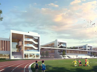 Modern School Building Exterior With Glass Facade Track Field Green Lawn And Children Playing 3d model
