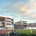 Modern School Building Exterior With Glass Facade Track Field Green Lawn And Children Playing