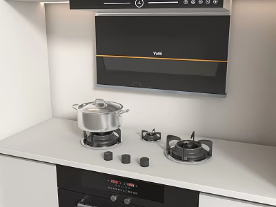 Modern Kitchen With White Countertop Gas Stove Range Hood And Cooking Pot 3d model