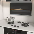 Modern Kitchen With White Countertop Gas Stove Range Hood And Cooking Pot