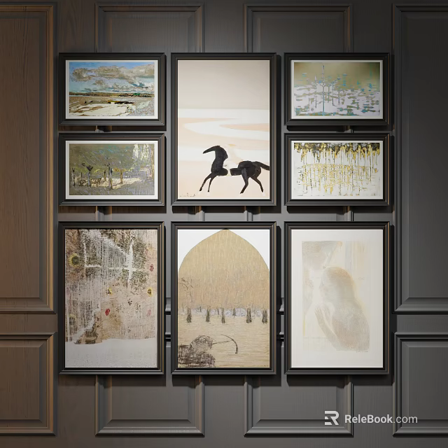 Multiple Abstract Paintings Hanging On Dark Wall With Black Frames And Various Styles 3d model