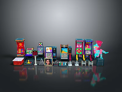 Various Colorful Arcade Game Machines Collection With Cartoon Character On Dark Background 3d model