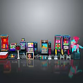 Various Colorful Arcade Game Machines Collection With Cartoon Character On Dark Background