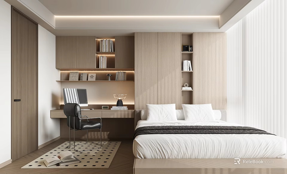 Modern Tatami Bedroom Interior Design With Tatami Bed Wooden Desk And Bookshelves 3d model 
