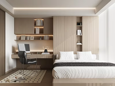 Modern Tatami Bedroom Interior Design With Tatami Bed Wooden Desk And Bookshelves 3d model